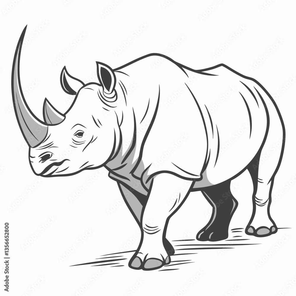 Obraz premium Majestic Rhino: A striking monochrome illustration of a rhinoceros, showcasing its impressive horn and powerful physique, embodying the strength and resilience of nature's giants.