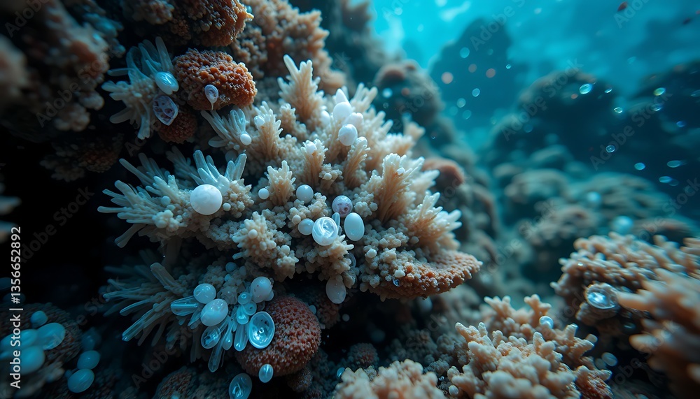 Fototapeta premium Underwater Coral Reef with Bubble Detail and Colorful Marine Environment