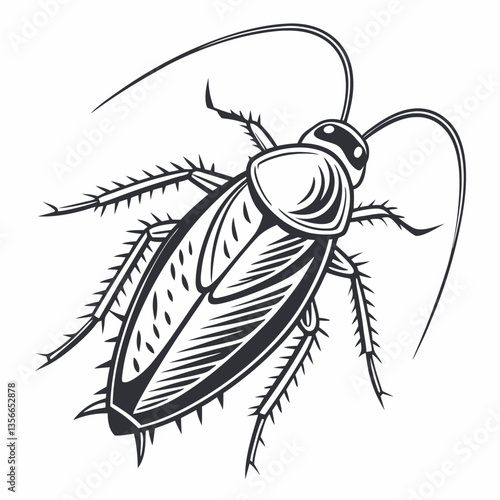 Cockroach Illustration: A detailed monochrome illustration of a cockroach, emphasizing its intricate anatomy and texture.
