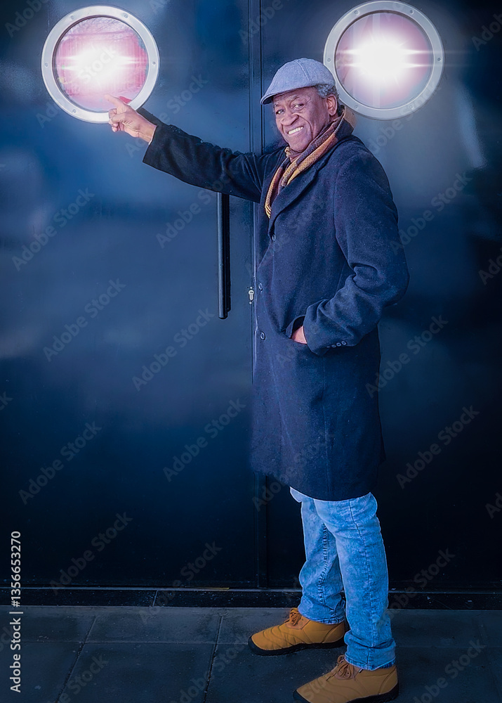 Senior man pointing at a bright circular window on a modern building, exuding confidence and style