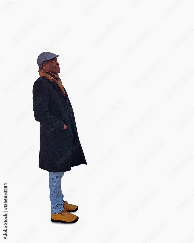 Full body shot of fashionable senior man looking up, isolated on white background