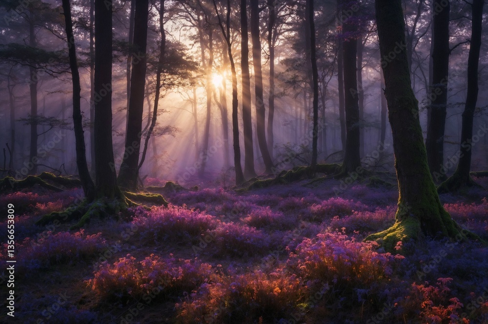Fototapeta premium Magical forest landscape at sunrise with purple flowers and sunlight rays