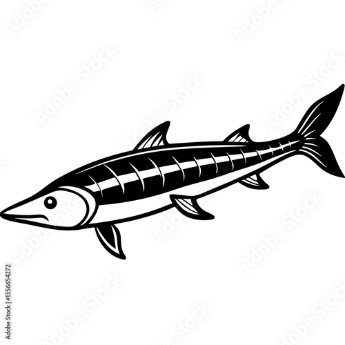 Ocean Predator: Sharp illustration of a streamlined Barracuda, capturing its predatory nature and distinctive form in a stark black and white design.
