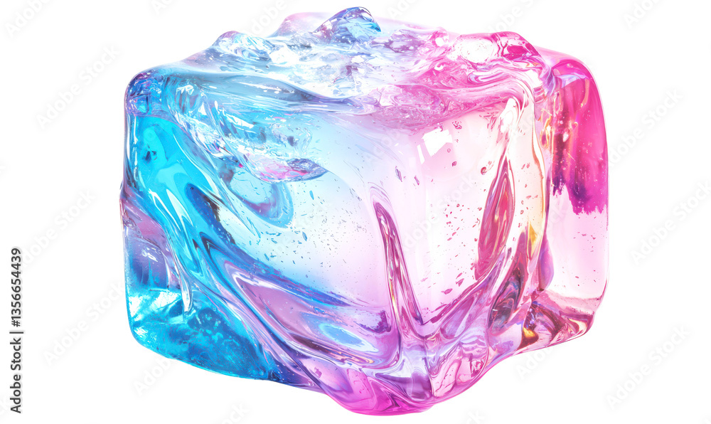 Fototapeta premium Iridescent Glossy Ice Cube Melting with Magical Colors and Reflections Isolate on Transparent Background, cutout, png