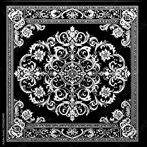 black rug or carpet with an ornate white design pattern
