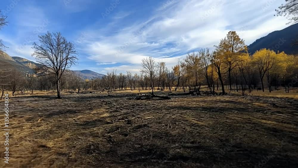 A burnt meadow with blackened trees, the sky tinged with ash and smoke. A burnt meadow with blackened trees, the sky tinged with ash and smoke.