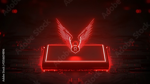 Futuristic digital lock symbol with glowing wings on a cyberpunk background showcasing technology and security