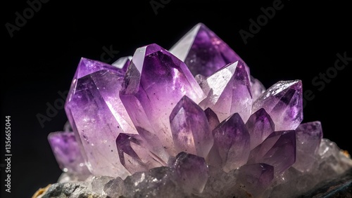 Amethyst Geode: A cluster of sparkling amethyst crystals radiates an ethereal glow, revealing intricate formations and shades of purple against a contrasting dark backdrop. 