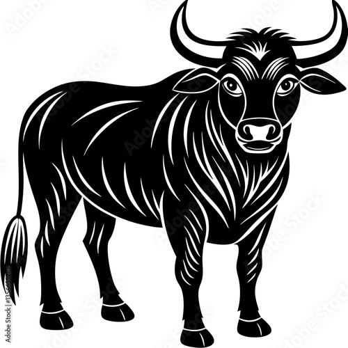 Steely Gaze of Power: A formidable bull with striking horns stands tall, a symbol of strength and determination, rendered in stark black and white.
