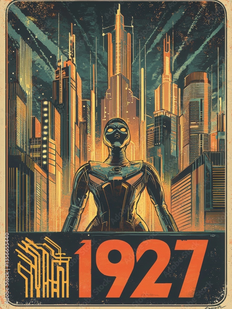 Fototapeta premium A robotic figure stands confidently in a neon-lit futuristic city, with towering skyscrapers and dynamic lines. The atmosphere is electric, showcasing a blend of technology and art from 1927.