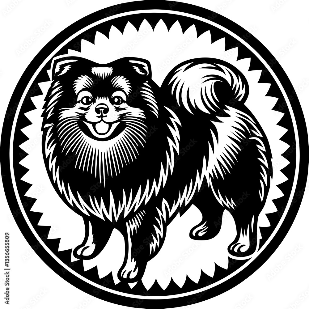 Obraz premium Playful Pomeranian: An intricately illustrated Pomeranian, portrayed in a classic monochrome style, exudes charm and vivacity, set within a decorative circular frame