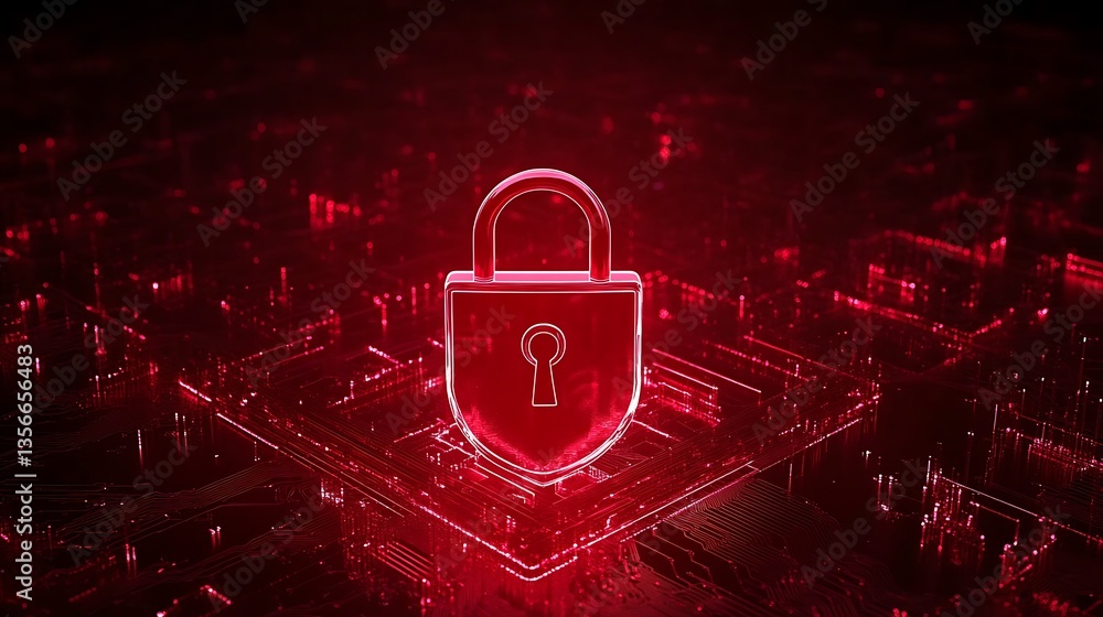 Glowing Red Digital Lock Icon on Abstract Circuit Background Representing Data Security and Cyber Protection