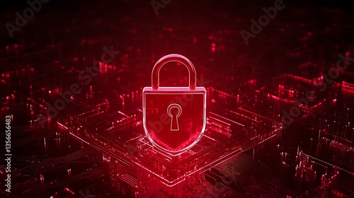 Obraz na płótnie Glowing Red Digital Lock Icon on Abstract Circuit Background Representing Data Security and Cyber Protection w salonie