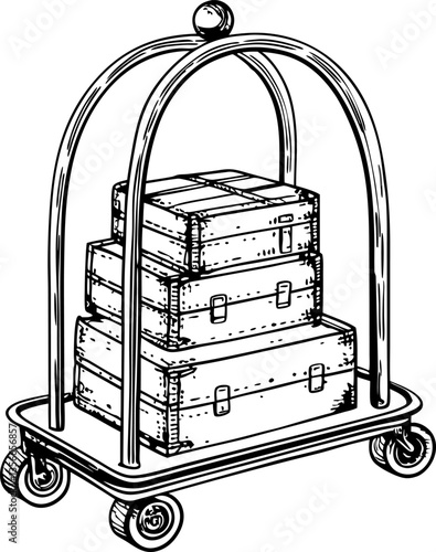 Hotel luggage trolley with vintage suitcases sketch travel, hospitality, baggage concept