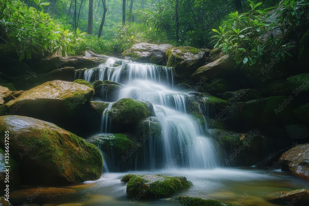 Obraz premium A tranquil waterfall cascading down moss-covered rocks, 