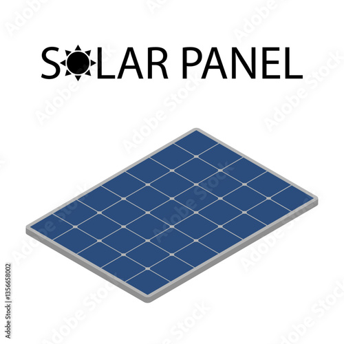 Isometric solar panel with stylized "Solar Panel" text. Ideal for renewable energy, clean power, and sustainability-themed designs.  