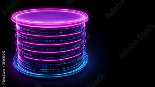 Neon Cylinder with Futuristic Glow and Abstract Light Effects on Black Background for Digital Concepts