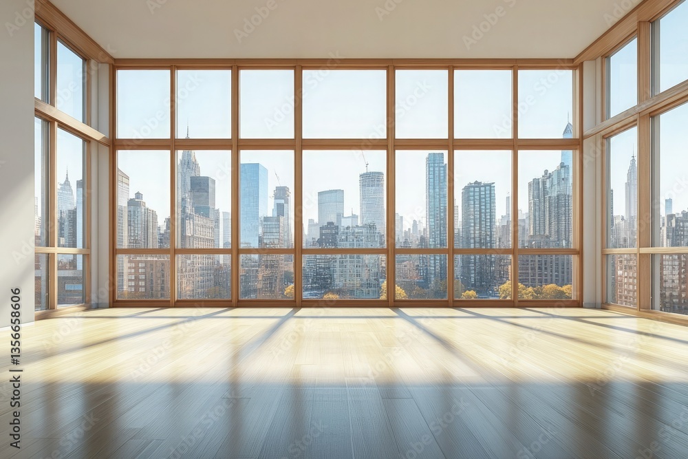 Fototapeta premium Bright Empty Room with Parquet Floor & Cityscape View Through Large Windows, Sunlight