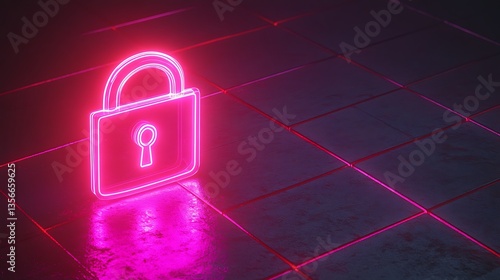 Neon Pink Lock Symbol on Glossy Floor with Dark Background for Digital Security and Technology Themes