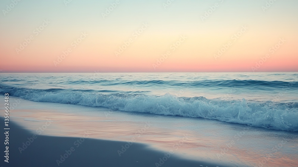 Serene Beachscape with Waves Gently Crashing on Sandy Shore under a Clear Blue Sky at Dusk Serene Beachscape with Waves Gently Crashing on Sandy Shore under a Clear Blue Sky at Dusk