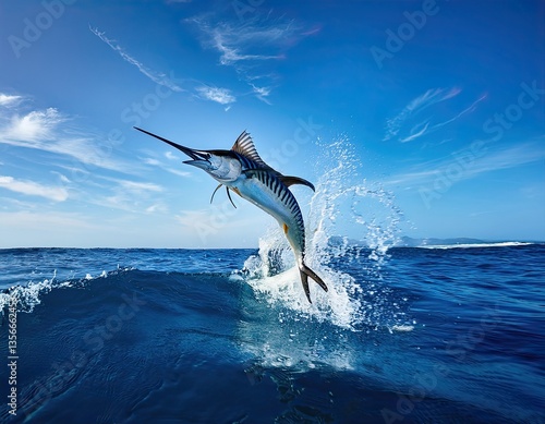 big marlin fish jump out on blue ocean nature background