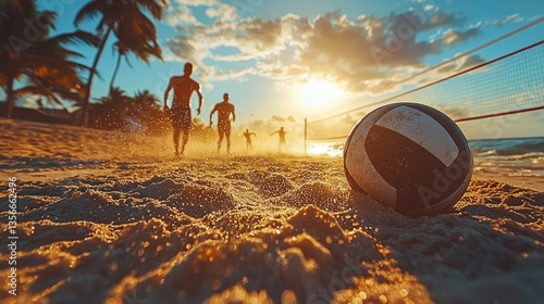 Sunset Beach Volleyball Game, Tropical Sand, Players Running