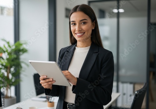 Portrait of a smiling woman in a blazer holding a tablet in an office setting with a plant