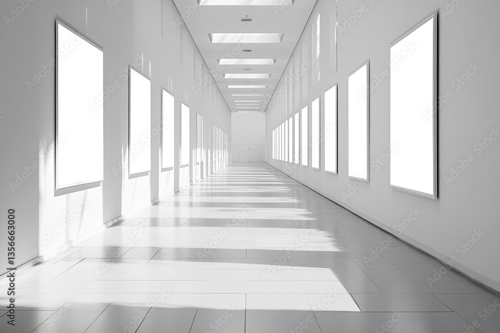 Fototapeta premium Bright White Corridor with Multiple Empty Frames, Sunlight, Minimalist Architecture