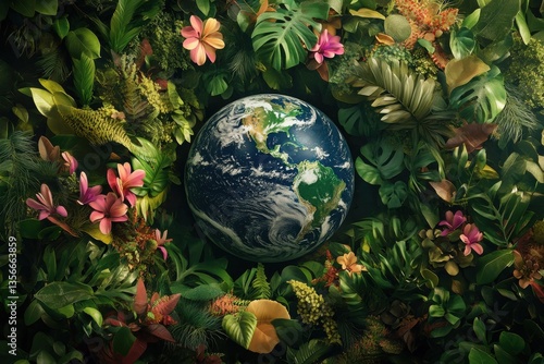 Fototapeta Naklejka Na Ścianę i Meble -  Earth globe surrounded by lush green foliage and colorful flowers in a vibrant composition