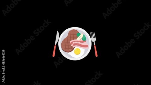 Healthy Breakfast with egg and meat animation. Protein diet concept 