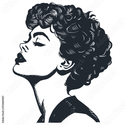 Black and white vector profile illustration of a stylish woman with short curly hair, featuring elegant facial features and vintage aesthetic, perfect for beauty, fashion, and retro design projects.