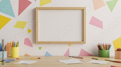 Artistic Kids Workspace with Blank Picture Frame and Colorful Geometric Wall Decoration Image