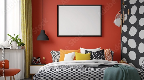 Bedroom Interior with Bed and Red Wall Featuring a Blank Picture Frame Above the Headboard