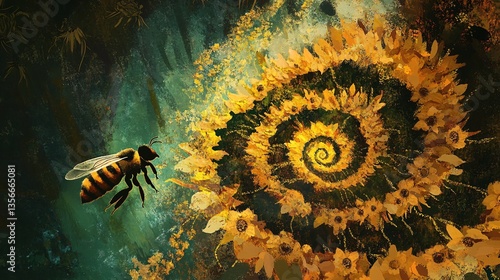 Bee Approaching Floral Spiral Vortex of Yellow Petals Artistic Honeybee Illustration Composition