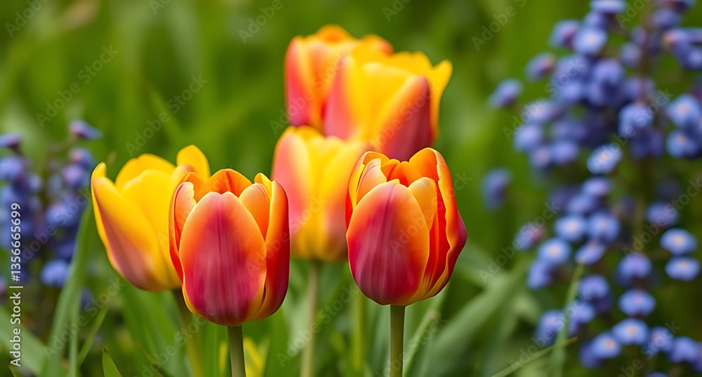 Vibrant Yellow and Red Tulips Amid Delicate Blue Blossoms
Vibrant Yellow and Red Tulips Amid Delicate Blue Blossoms
