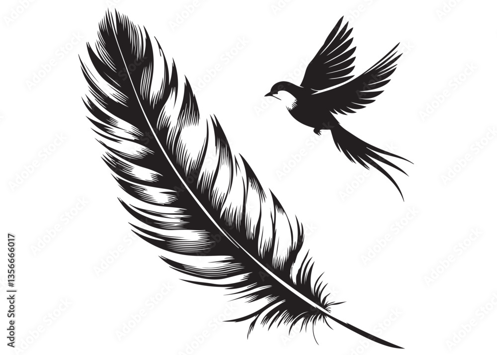 Obraz premium vector silhouette of a feather with flying bird logo, feather with flying bird logo icon, feather with bird logo design black animal, black feather with flying bird silhouettes on white background
