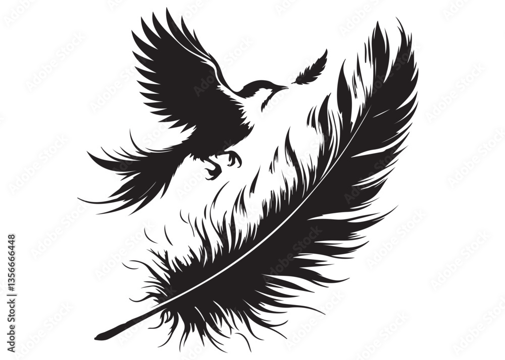 Obraz premium vector silhouette of a feather with flying bird logo, feather with flying bird logo icon, feather with bird logo design black animal, black feather with flying bird silhouettes on white background