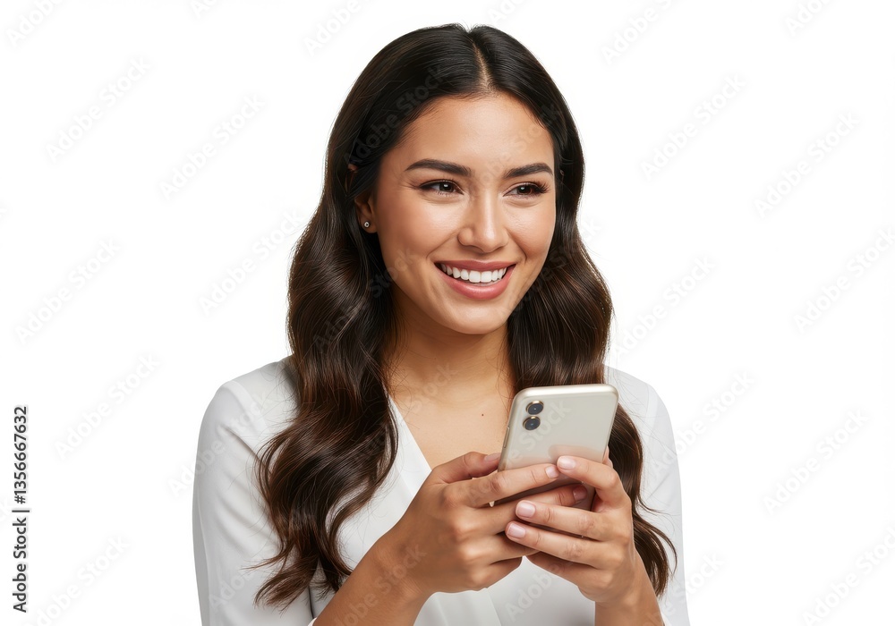 Smiling woman holding a phone in her hands looking to the side with a white background in the studio Smiling woman holding a phone in her hands looking to the side with a white background in the studio