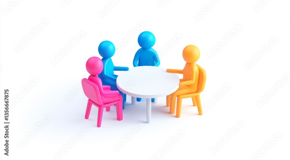 3D Icon of Three Colorful People Sitting at a Table and Talking, White Background, 2D Illustration Style, Minimalistic, Isometric View, Bright Colors, High Resolution, No Shadows 3D Icon of Three Colorful People Sitting at a Table and Talking, White Background, 2D Illustration Style, Minimalistic, Isometric View, Bright Colors, High Resolution, No Shadows