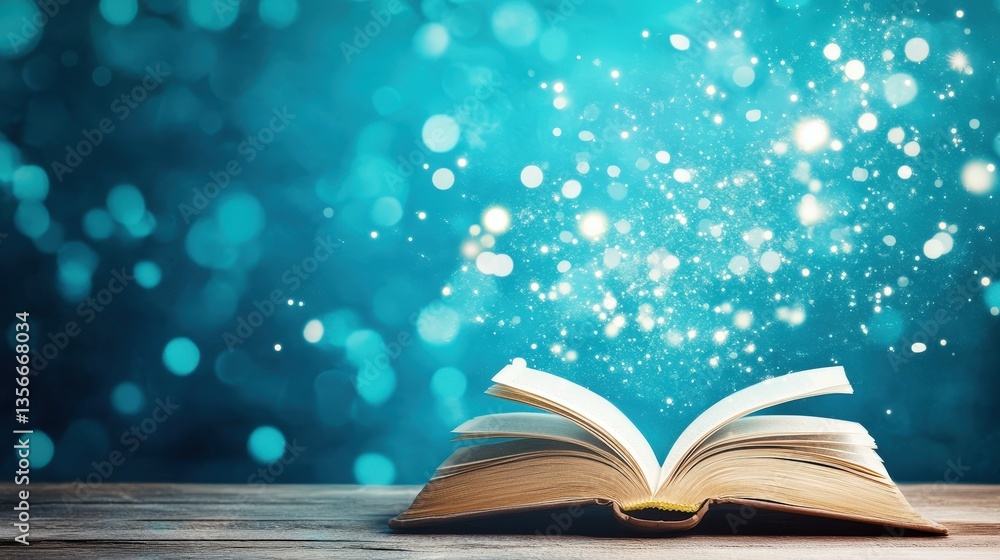 An open book emits magical light and sparkles against a blue background, symbolizing imagination and the power of reading. An open book emits magical light and sparkles against a blue background, symbolizing imagination and the power of reading.