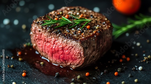 Seared Filet Mignon steak with rosemary and peppercorns.