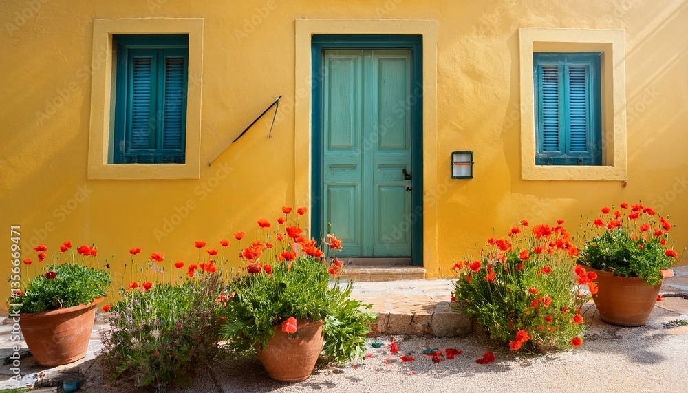 Fototapeta premium blue door with flowers in the garden