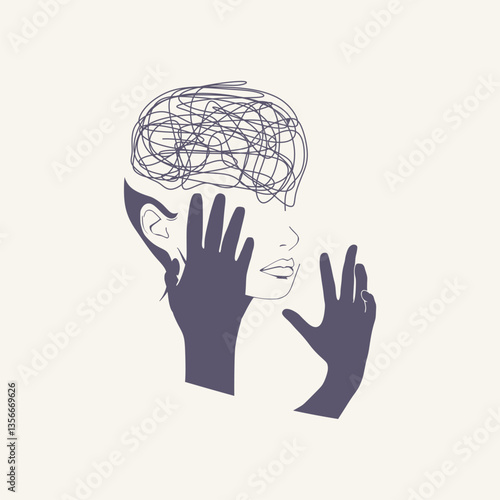 Psychotherapy, stress and psychosis. A human head with a tangled ball of nerves, scribbles symbolizing a depressed state of a person. Psychological help and mental health. Personality disorder