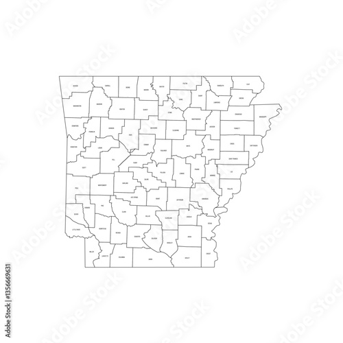 Arkansas, AR - detailed political map of US state. Administrative map divided into counties. Thin black outline map with county name labels. Vector illustration
