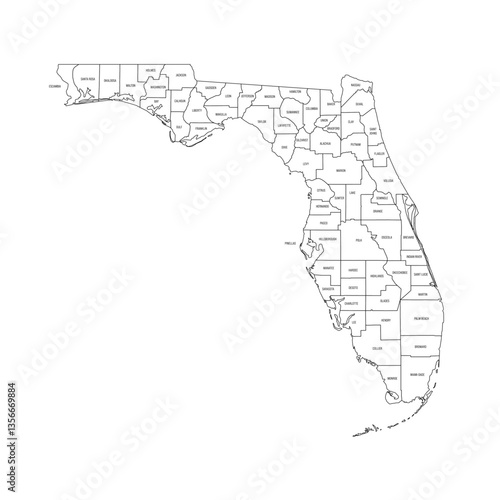 Florida, FL - detailed political map of US state. Administrative map divided into counties. Thin black outline map with county name labels. Vector illustration