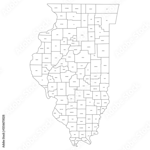 Illinois, IL - detailed political map of US state. Administrative map divided into counties. Thin black outline map with county name labels. Vector illustration