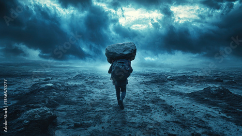 Person walking with a heavy stone burden on their shoulders in a dark, moody landscape representing emotional weight