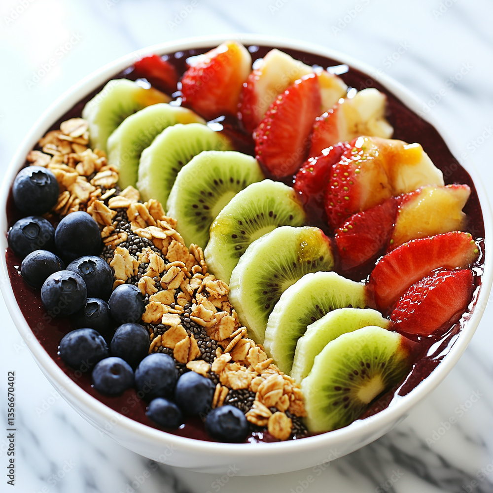 Healthy Fruit and Granola Bowl with Blueberries, Kiwi, and Strawberries