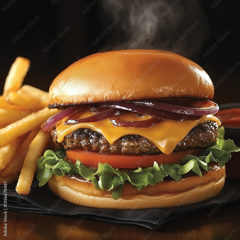 Classic Cheeseburger with Fries and BBQ Sauce