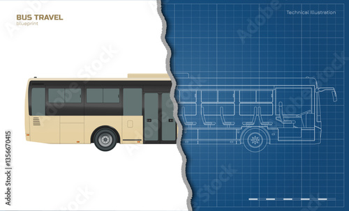 Isolated bus drawing. Outline passenger transport blueprint. Autobus seat map. Industrial 3D scheme. Side view. Tourist vehicle lineart